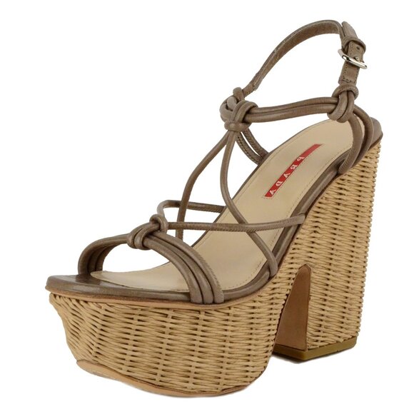 PRADA SHOES KNOTTED LEATHER WICKER WEDGE PLATFORM SANDALS sz 40 / 10 - Picture 4 of 13